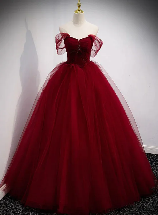 Women's Outerwear Garments Gorgeous Wine Red Tulle Ball Gown Long Prom Dress Formal Dress, Burgundy Sweet 16 Dresses  gh14