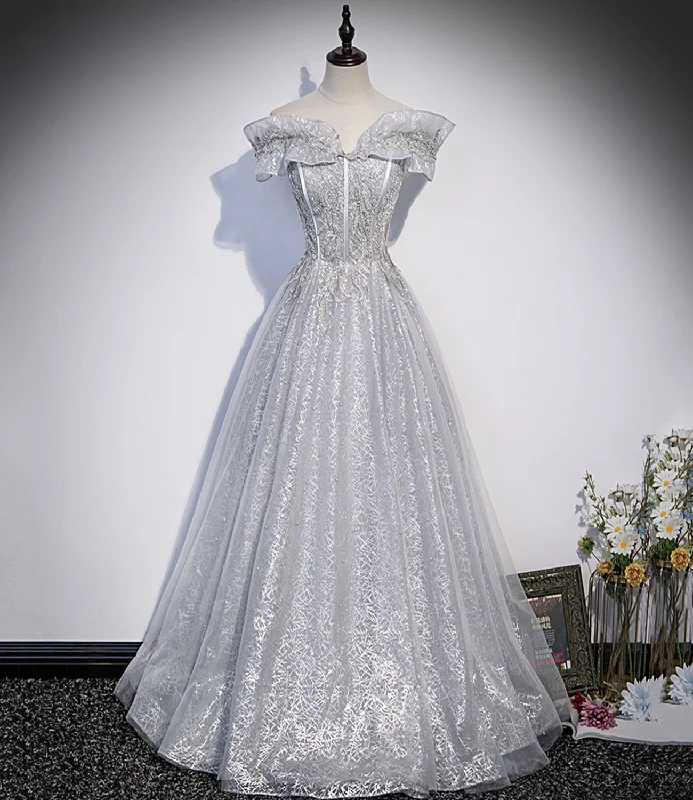 Timeless Women's Garments Gray tulle lace long prom dress A line evening gown  10406