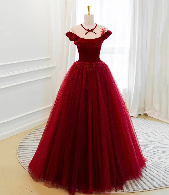 Women's Trendy Garments Burgundy velvet tulle long prom dress A line evening gown  10580