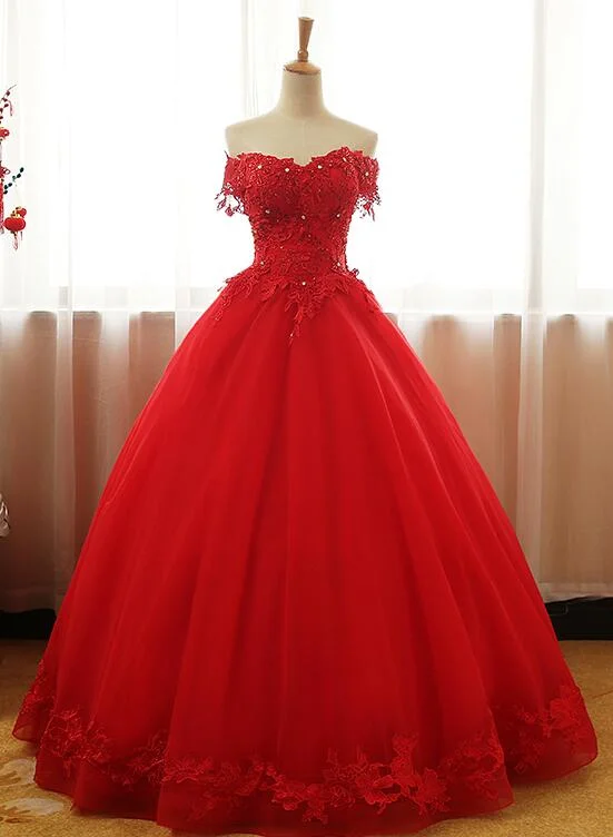 Women's Elegant Evening Attire Red Off Shoulder Long Party Dress, A-Line Tulle Evening Dress Formal Gown gh102