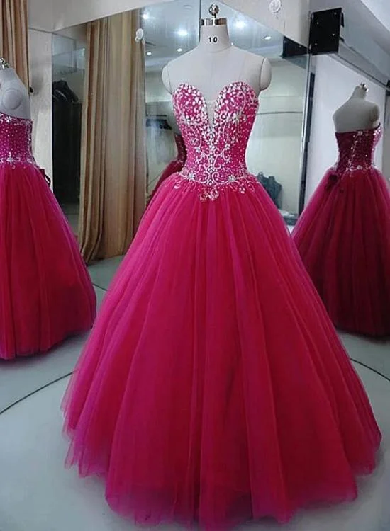 Women's Evening Wear Attire Charming Beaded Fuschia Tulle Ball Gown Party Dress, Sweet 16 Dress gh364