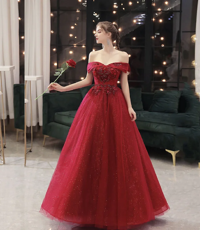 Women's Holiday Apparel Burgundy tulle lace long prom dress A line evening gown  10323