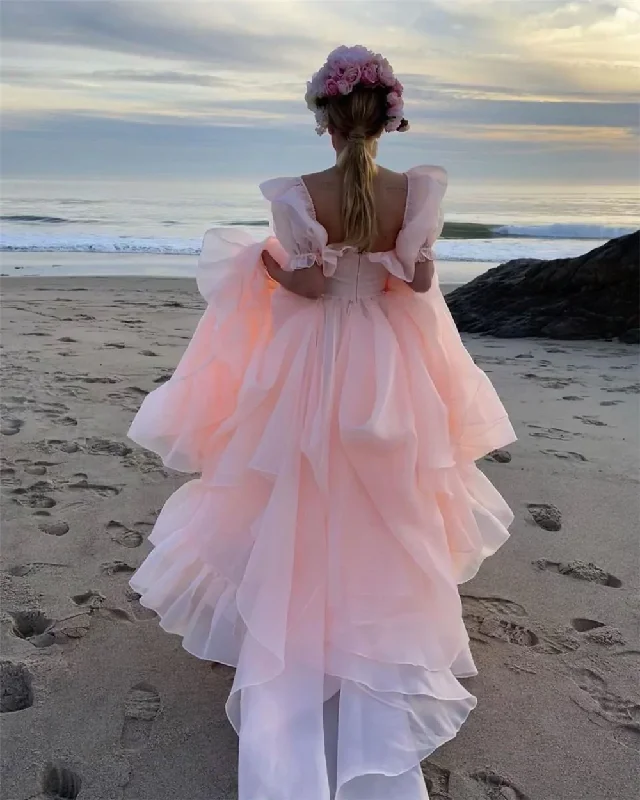 Women's Weekend Outfit Abmyl Baby Pink Organza Prom Dresses Short Puff Sleeves Ruffles Prom Party Gowns Slit Princess Formal Women Party Dresses  gh829