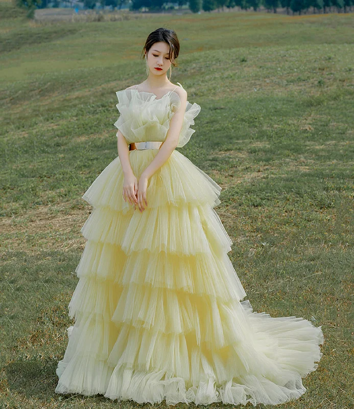 Vintage-Inspired Women's Apparel Yellow tulle long ball gown dress A line evening gown  10304