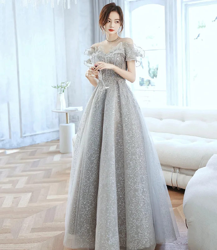 Women's Night-Out Clothes Gray tulle beads long prom dress gray evening gown  10170