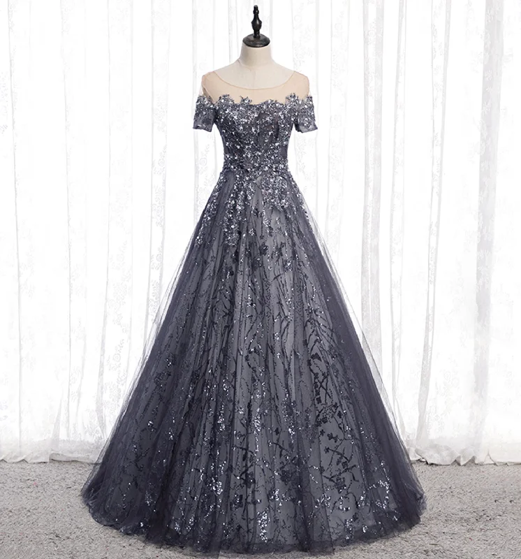 Exclusive Discount Gray tulle sequins long prom dress A line evening gown  10002