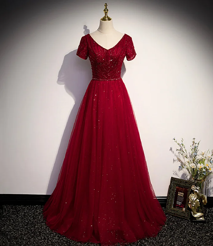 Women's Clothes For Special Occasions Burgundy tulle beads long ball gown dress formal dress  10141