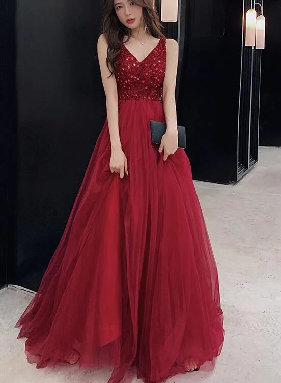 Women's Vintage Attire Sexy V-Neckline Wine Red Tulle Floor Length Party Dress, Red Formal Gown  gh404