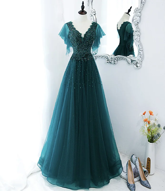 Classic Women's Apparel Green tulle beads long prom dress evening gown  10272