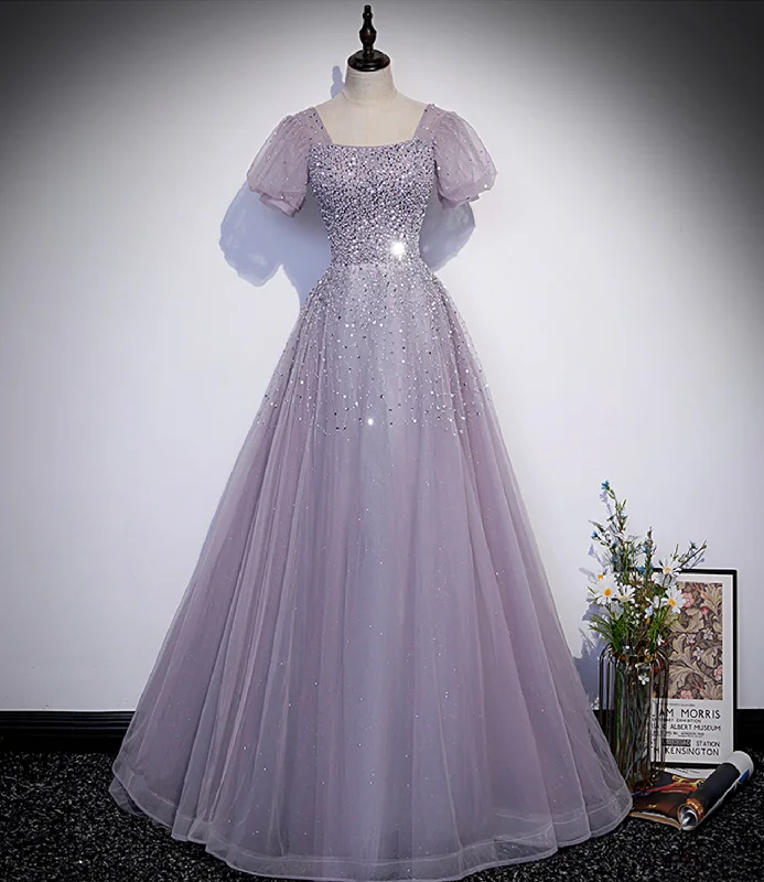 Affordable Women's Clothes Purple tulle beads long prom dress A line evening gown  10221