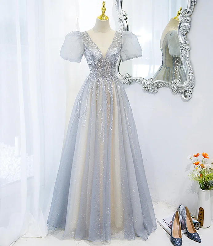 Women's Clothes And Garments Gray tulle beads long prom dress A line evening gown  10488