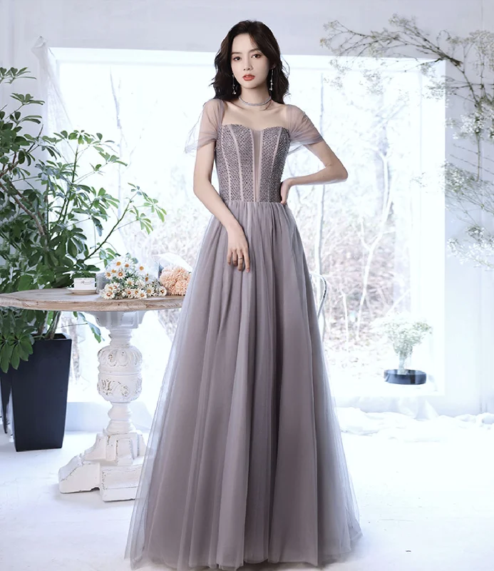 Women's Trendy Apparel Cute tulle beads long prom dress A line evening gown  10319