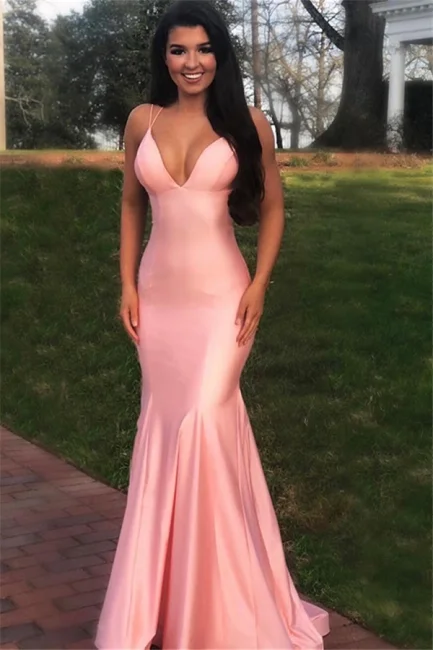 Women's Date Night Outfit Gorgeous Spaghetti Straps Criss Cross Pink Prom Dress Mermaid Long Evening Gowns gh822