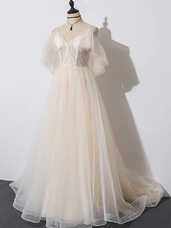 Chic Women's Attire Beautiful Champagne Tulle Long A-Line Party Dress, Evening Gown  gh474