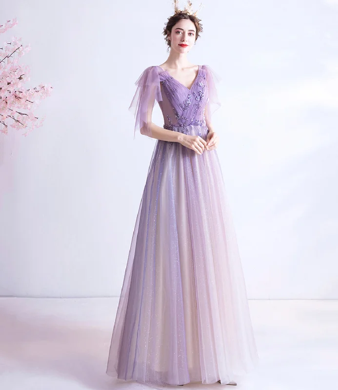 Women's Comfortable Clothes For Weekends Purple v neck tulle long prom dress A line evening gown  10130