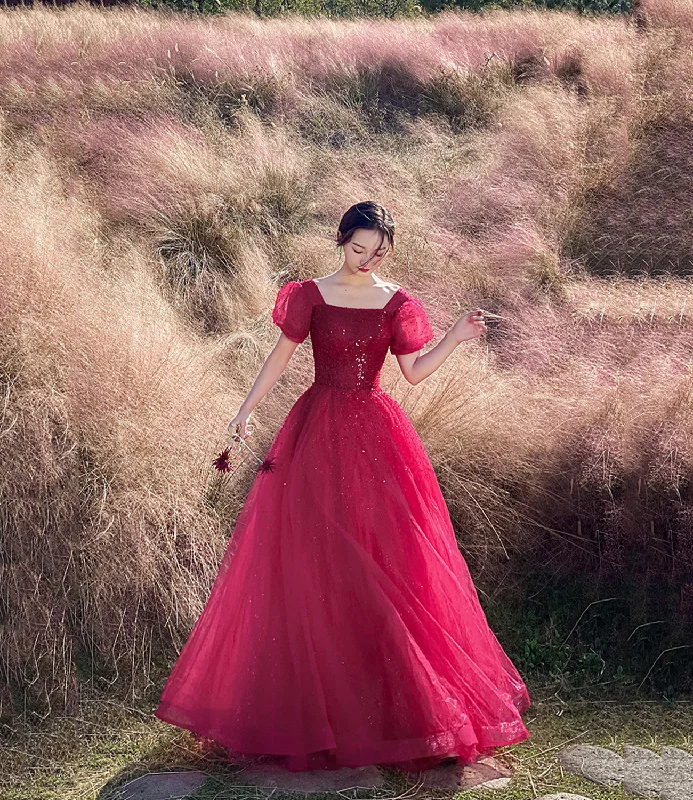 Women's Elegant Apparel Red tulle beads long prom dress A line evening gown  10303