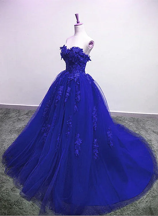 Women's Transitional Attire Royal Blue Tulle Strapless Ball Gown Long Prom Dress, Blue Party Dress gh118