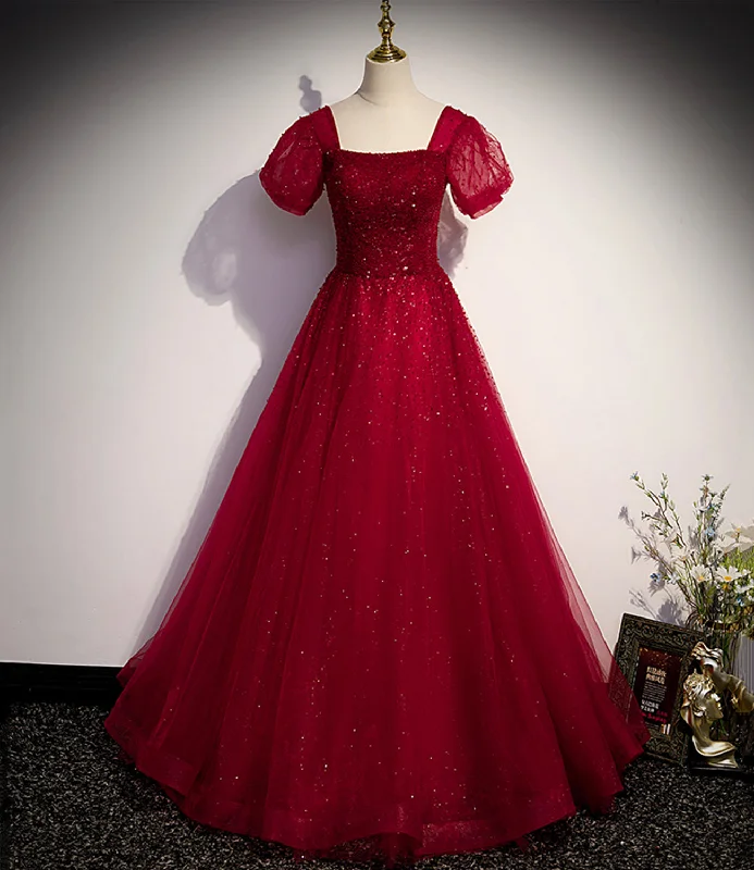 Women's Clothes For Work Events Burgundy tulle beads long ball gown dress formal dress  10142