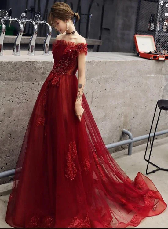 Women's High-Fashion Attire Wine Red Tulle With Beadings And Lace Off Shoulder Evening Gown, Wine Red Prom Dress   gh202