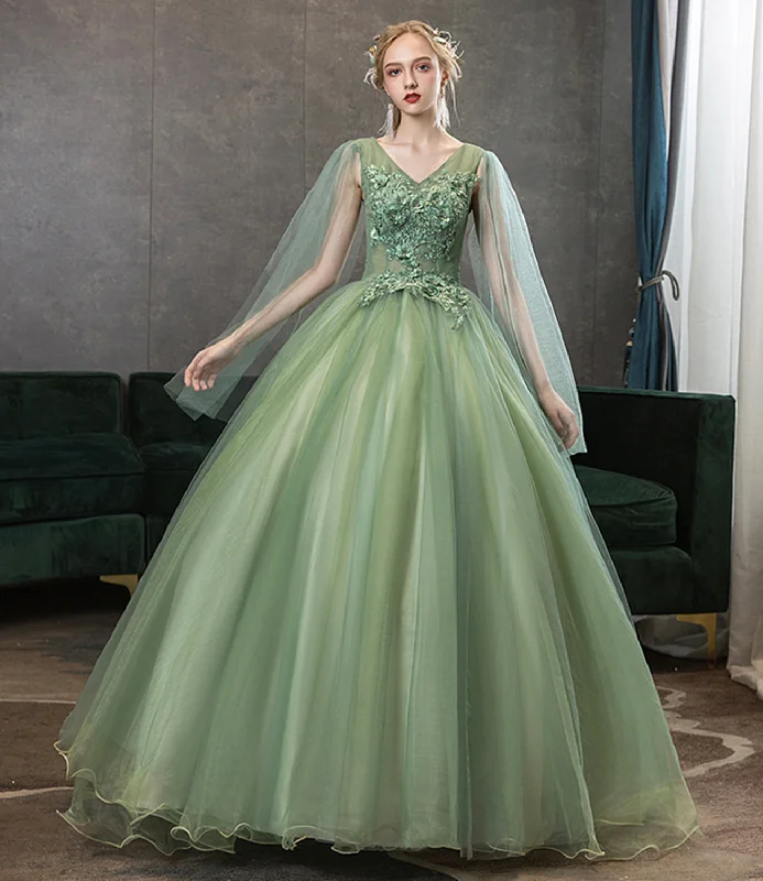 Women's Evening Apparel Green tulle lace long prom dress A line evening gown  10342