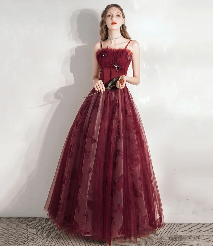 Elegant Women's Evening Garments Burgundy tulle long prom dress A line evening gown  10374