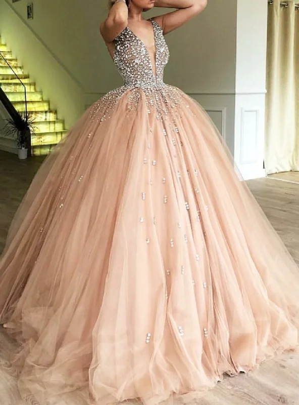 Women's Comfortable Lounge Outfit Pink Ball Gown Deep V-neck Tulle Sweet 16 Dress With Beading Party Dress gh907