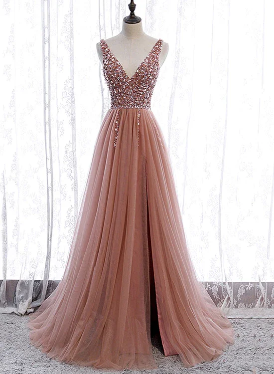 Women's Classic Attire Pink Long Sparkle Beaded Tulle Slit Prom Dress,Pink V-Neckline Evening Gown gh161