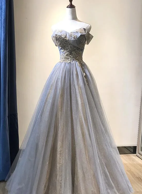 Women's Trendy Attire Charming Grey-Blue Tulle Floor Length Party Dress Beautiful Formal Gown gh456