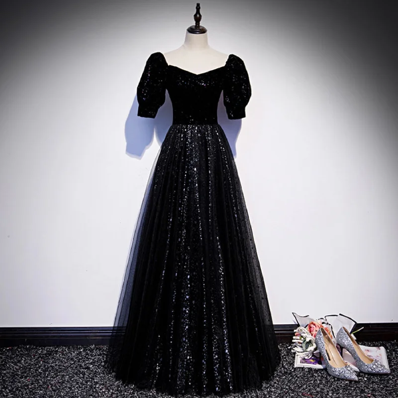 Classic Clothes For Women Black tulle long prom dress A line evening gown  10105