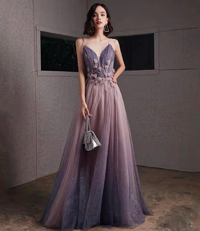 Women's Clothing And Garments Sets Purple tulle sequins long prom dress A line evening gown  10480