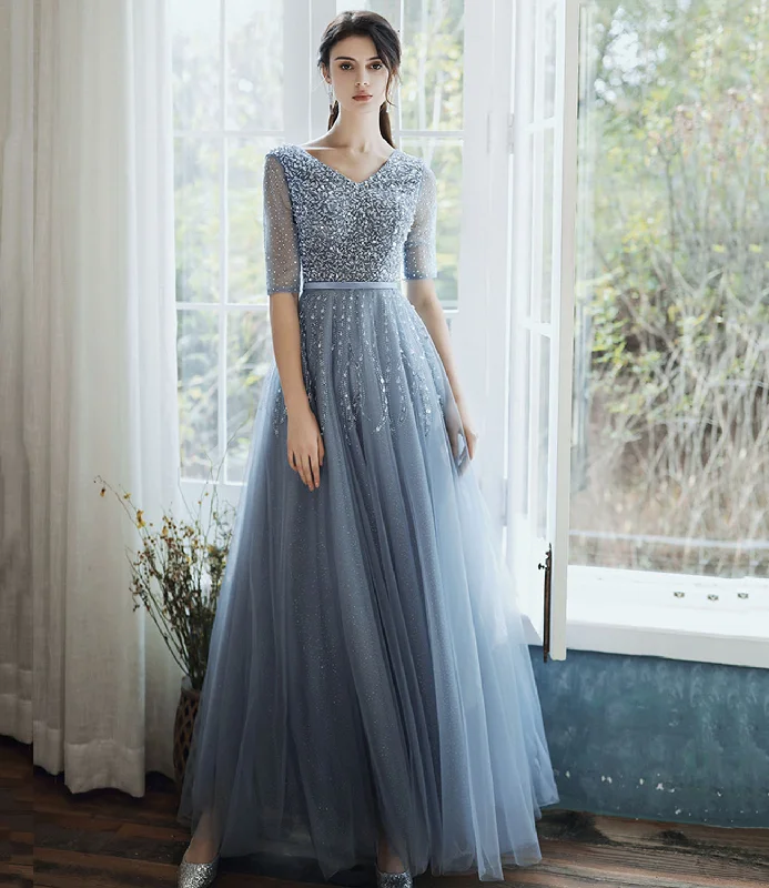 Women's Activewear Apparel Blue tulle beads long prom dress A line evening gown  10333