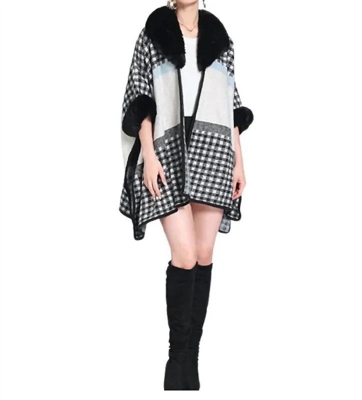 Plus Size Women's Fashion Plaid Faux Fur Trim Poncho In Black/white