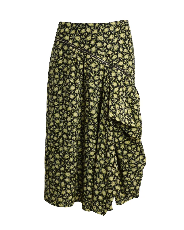 Women's Classic Attire Burberry Zip-detailed Draped Floral Midi Skirt in Yellow and Green Silk