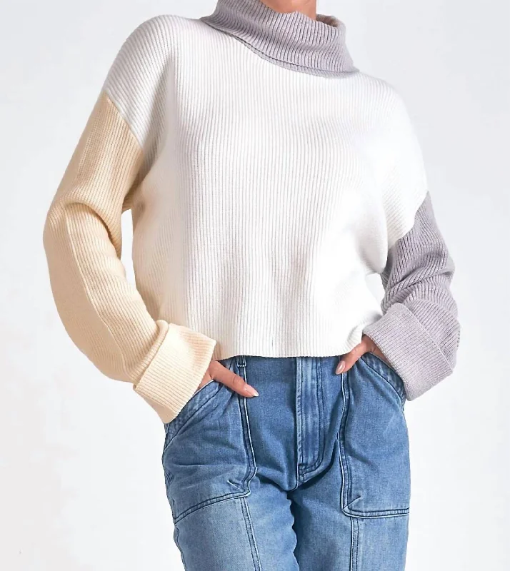 Women's Formal Event Outfit Boxy Colorblock Turtleneck Sweater Top In White/grey