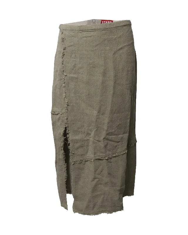 Luxury Women's Fashion Staud Frayed Midi Skirt in Green Linen