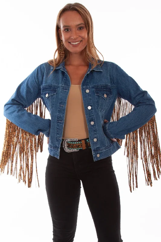 Fashion-Forward Women's Clothing Scully Womens Denim Cotton Blend Leopard Fringe Jacket