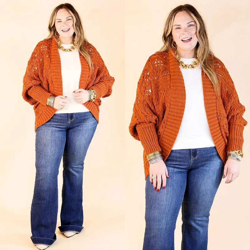 Women's Timeless Attire Incredibly Cozy Cable Knit open Front Cardigan in Rust Brown