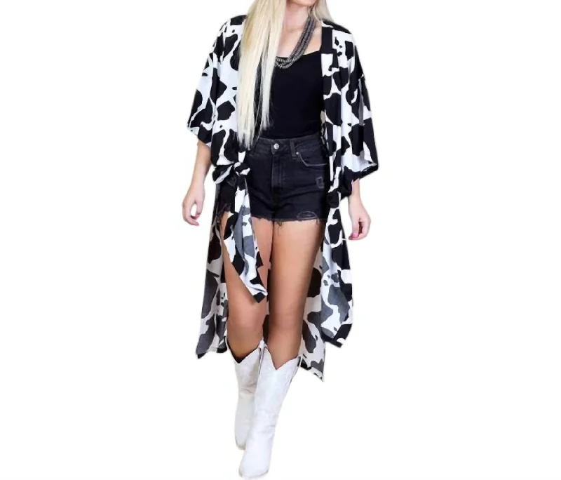 Women's Date Night Outfit Cowprint Duster In Black/white