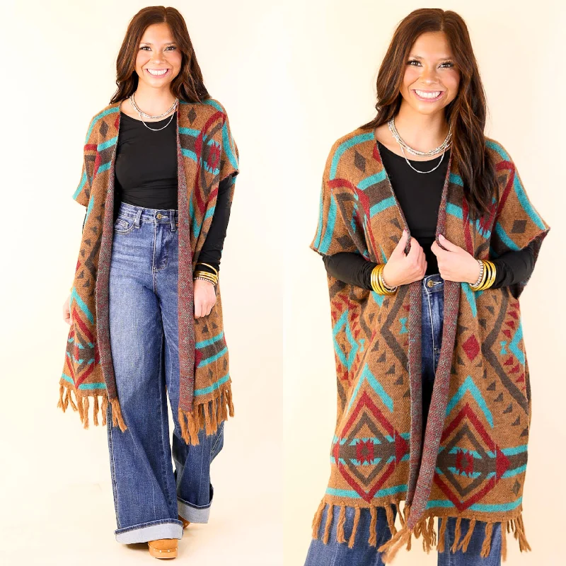 Women's Casual Attire South Texas Sunset Aztec Print Wrap Poncho Vest in Turquoise and Camel