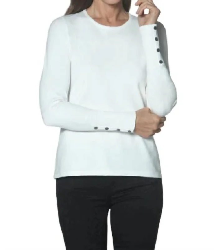 Women's Functional Outfit For Outdoor Activities Crew Neck Sweater With Button Sleeve In Ivory