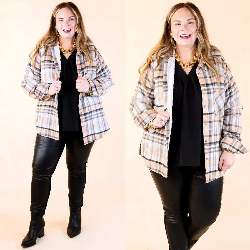 Women's Travel Garments Soft and Dreamy Fur Lined Plaid Flannel Shacket in Black and Nude