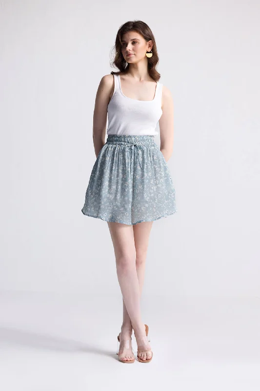 Women's Outerwear for All Weather Conditions Drawstring Short Skirt in Light Blue Florals