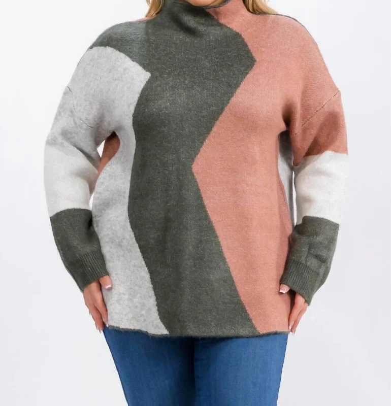 Women's Clothing Stores Mock Neck Colorblock Pullover - Plus In Pink/green/gray