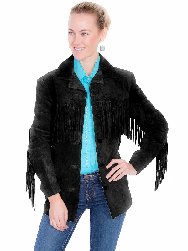 Elegant Women's Clothing Online Scully Womens Notched Lapel Fringe Black Leather Leather Jacket XXL