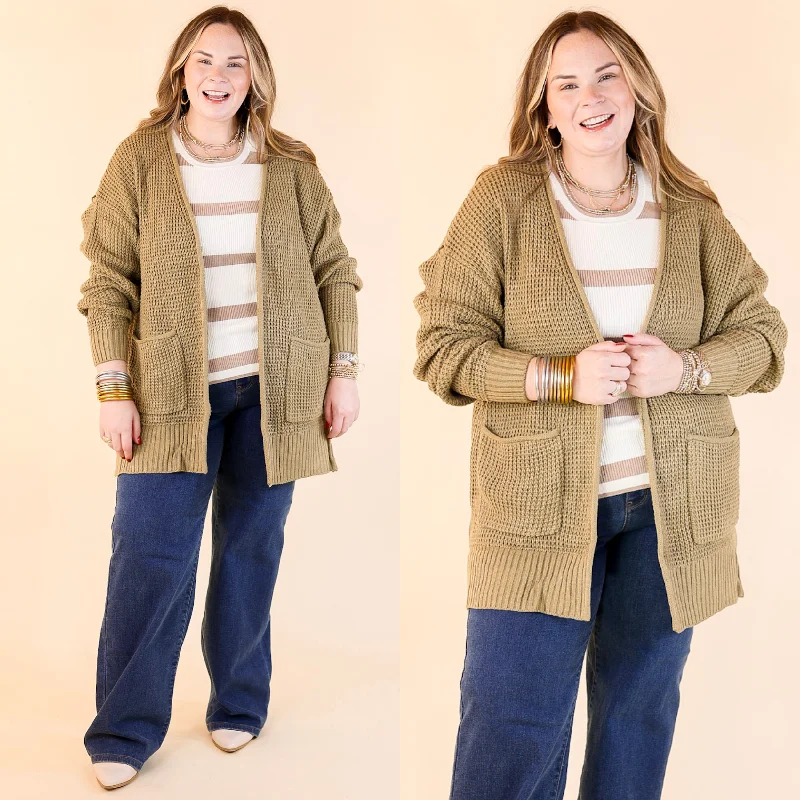 Women's Online Clothing Boutique Cozy Layers Waffle Knit Cardigan in Khaki Tan