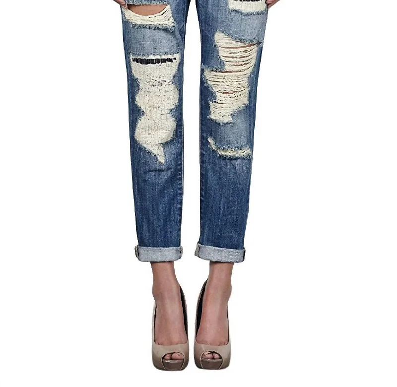 Women's Clothing Slim Fit Low Rise Ripped Boyfriend Denim Jeans In Blue Denim