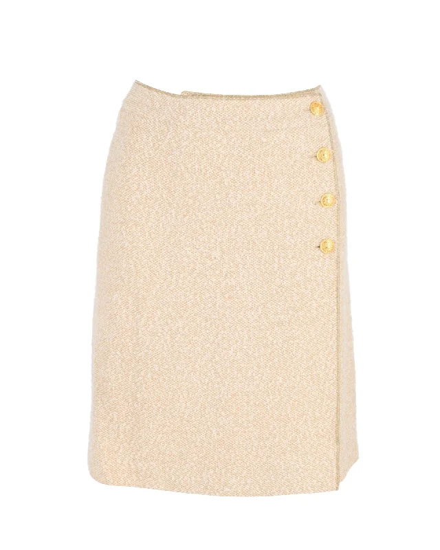 Women's Athletic Garments Chanel Gold Button Wrap Skirt in Cream Wool