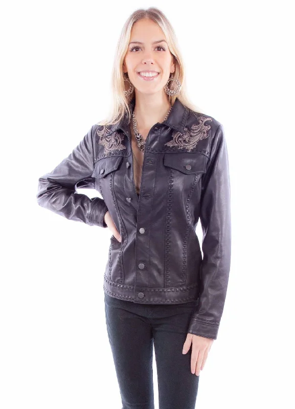 Women's Evening Wear Scully Womens Classic Scroll Embroidery Black Leather Leather Jacket M