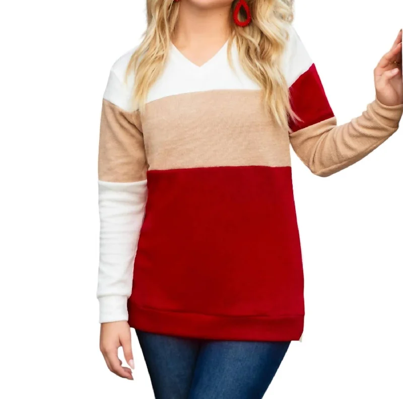 Women's Weekend Outfit Color Block Sweater In Red/tan/white