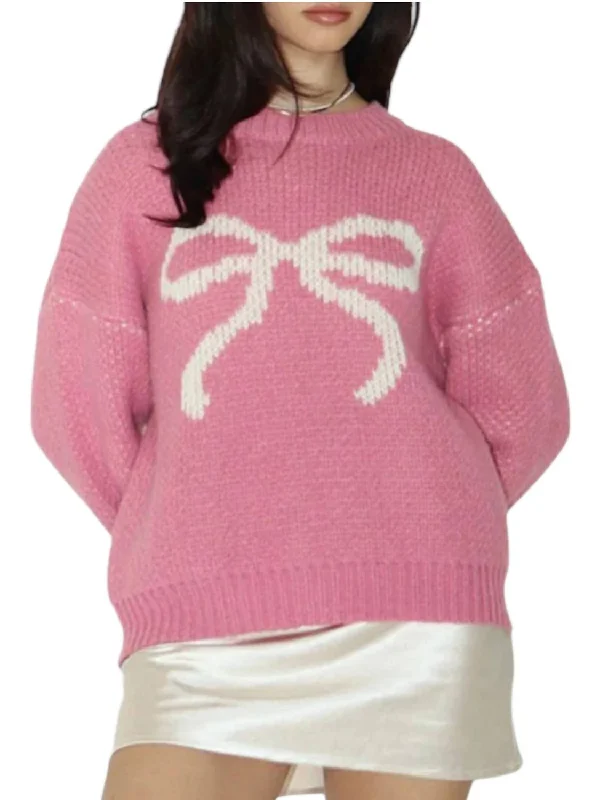 Women's Activewear Attire Ribbon Pullover Knit Sweater In Pink